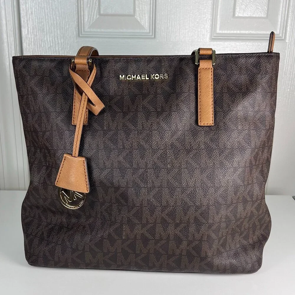 Michael Kors Brown Signature Tote with Tan Trim